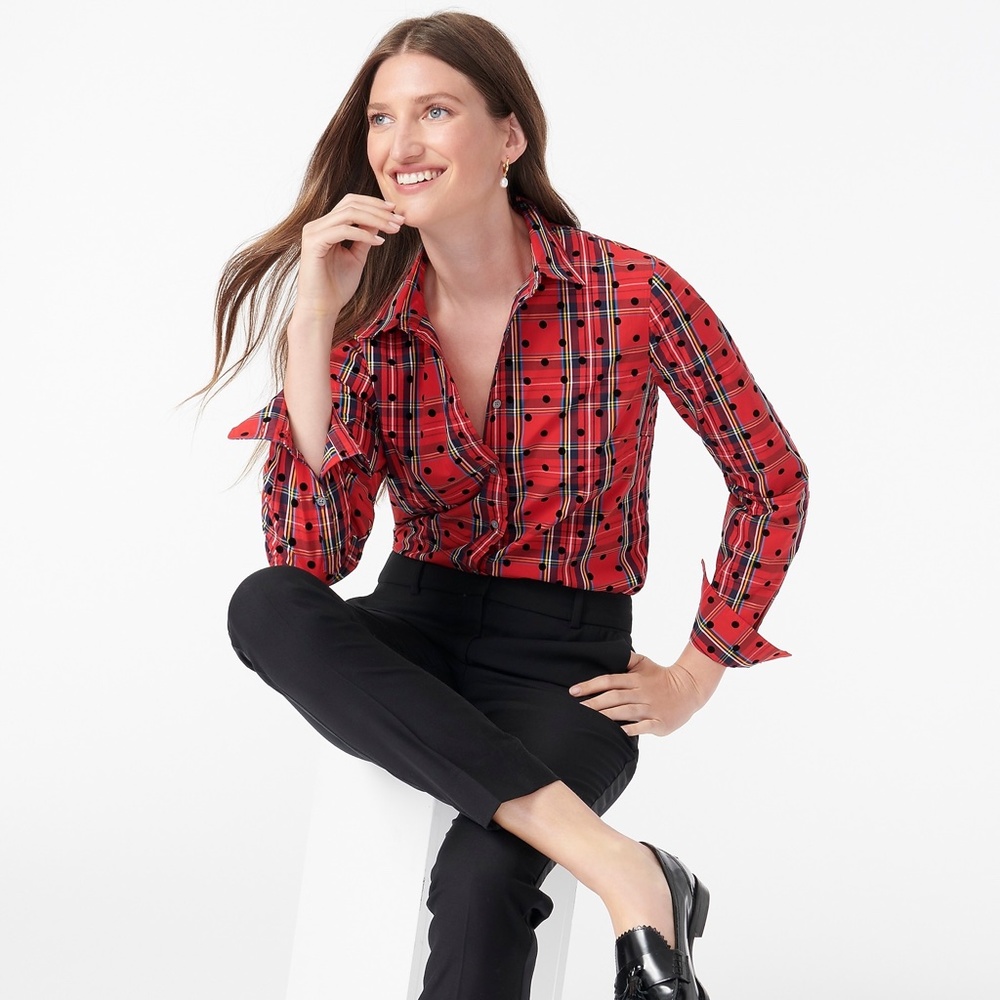 🆕️ J Crew Slim shirt Red Tartan Plaid Velvet Dots